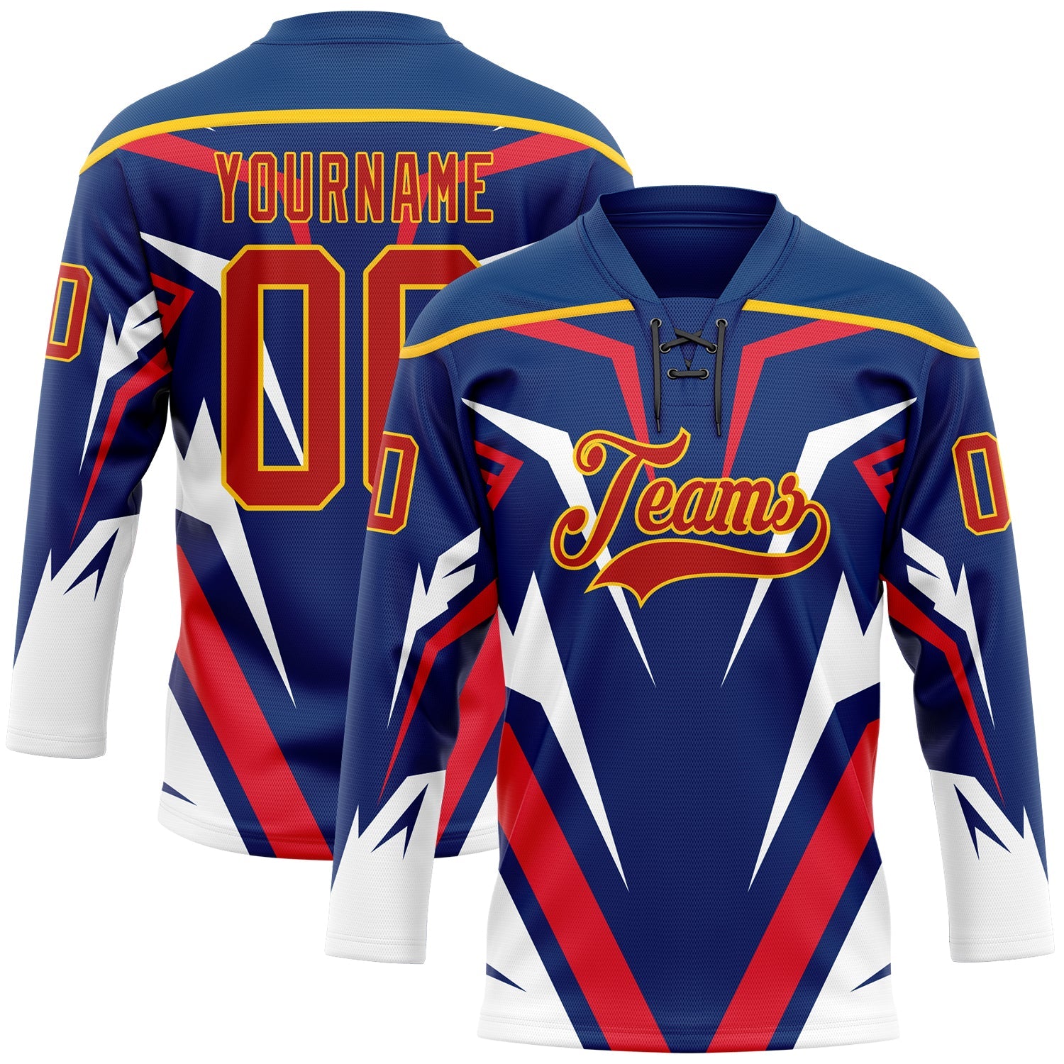 Custom US Navy Blue Red Yellow-White Abstract Pattern Graphic Cyber Mecha E-sport Hockey Lace Neck Jersey - Main View