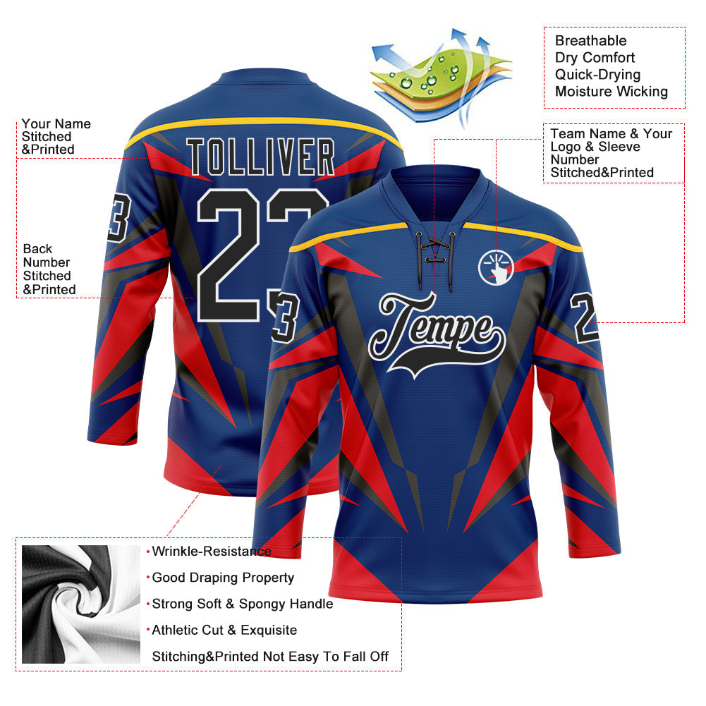 Custom US Navy Blue Black Red-White Abstract Pattern Graphic Cyber Mecha E-sport Hockey Lace Neck Jersey view 5