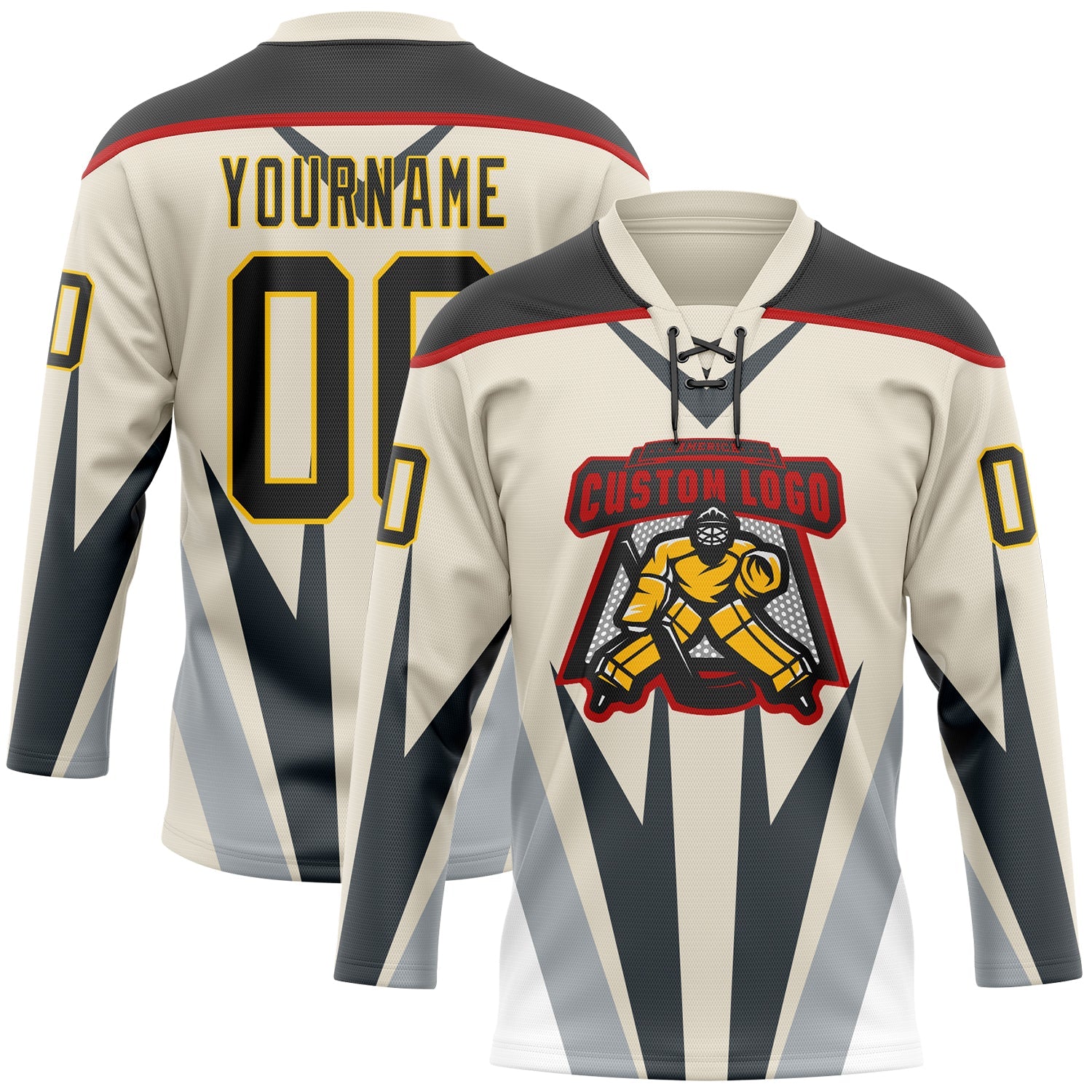 Custom Cream Black Gray Red-Yellow Abstract Pattern Graphic Cyber Mecha E-sport Hockey Lace Neck Jersey view 2