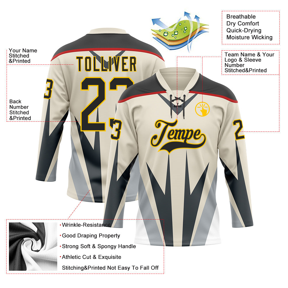 Custom Cream Black Gray Red-Yellow Abstract Pattern Graphic Cyber Mecha E-sport Hockey Lace Neck Jersey view 5