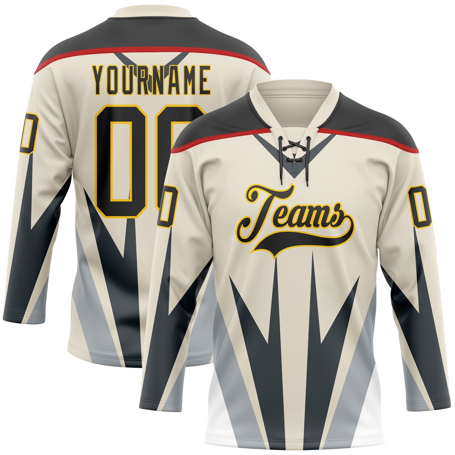 Custom Cream Black Gray Red-Yellow Abstract Pattern Graphic Cyber Mecha E-sport Hockey Lace Neck Jersey - Main View