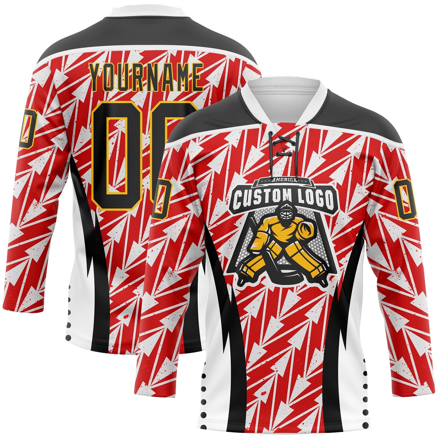 Custom White Black Red Yellow-White Abstract Pattern Graphic Cyber Mecha E-sport Hockey Lace Neck Jersey view 2