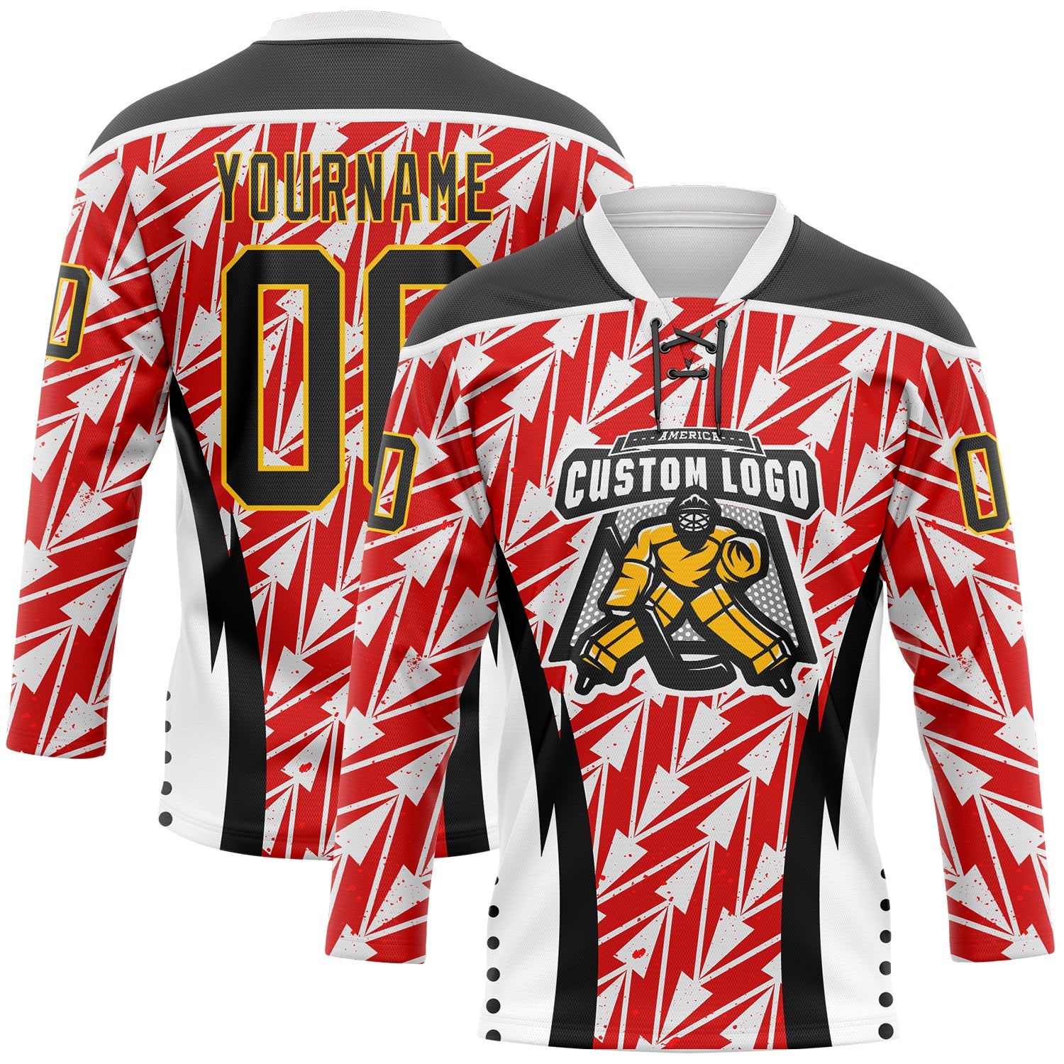 Custom White Black Red Yellow-White Abstract Pattern Graphic Cyber Mecha E-sport Hockey Lace Neck Jersey view 2