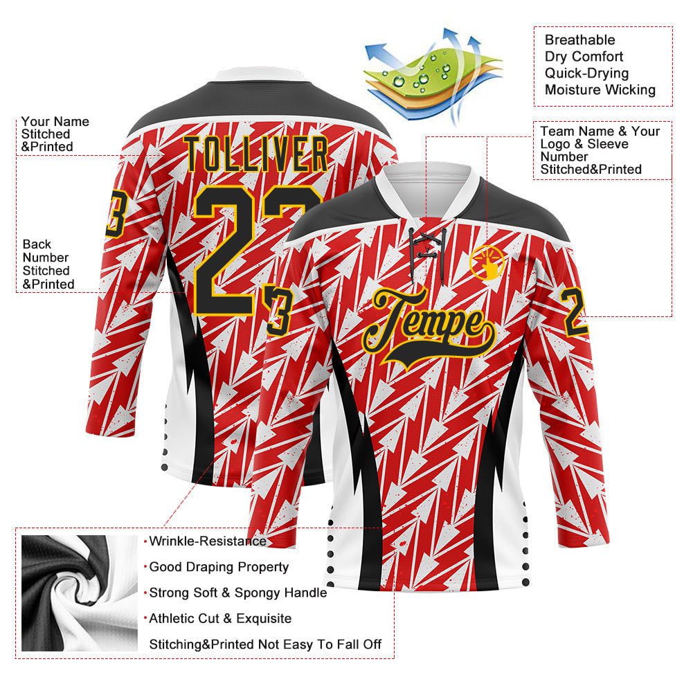 Custom White Black Red Yellow-White Abstract Pattern Graphic Cyber Mecha E-sport Hockey Lace Neck Jersey view 5