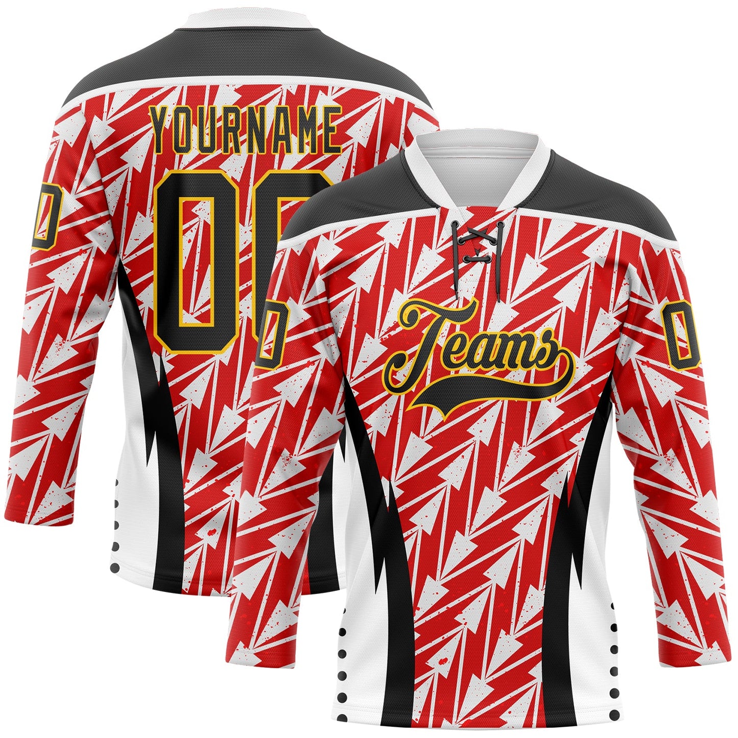 Custom White Black Red Yellow-White Abstract Pattern Graphic Cyber Mecha E-sport Hockey Lace Neck Jersey - Main View