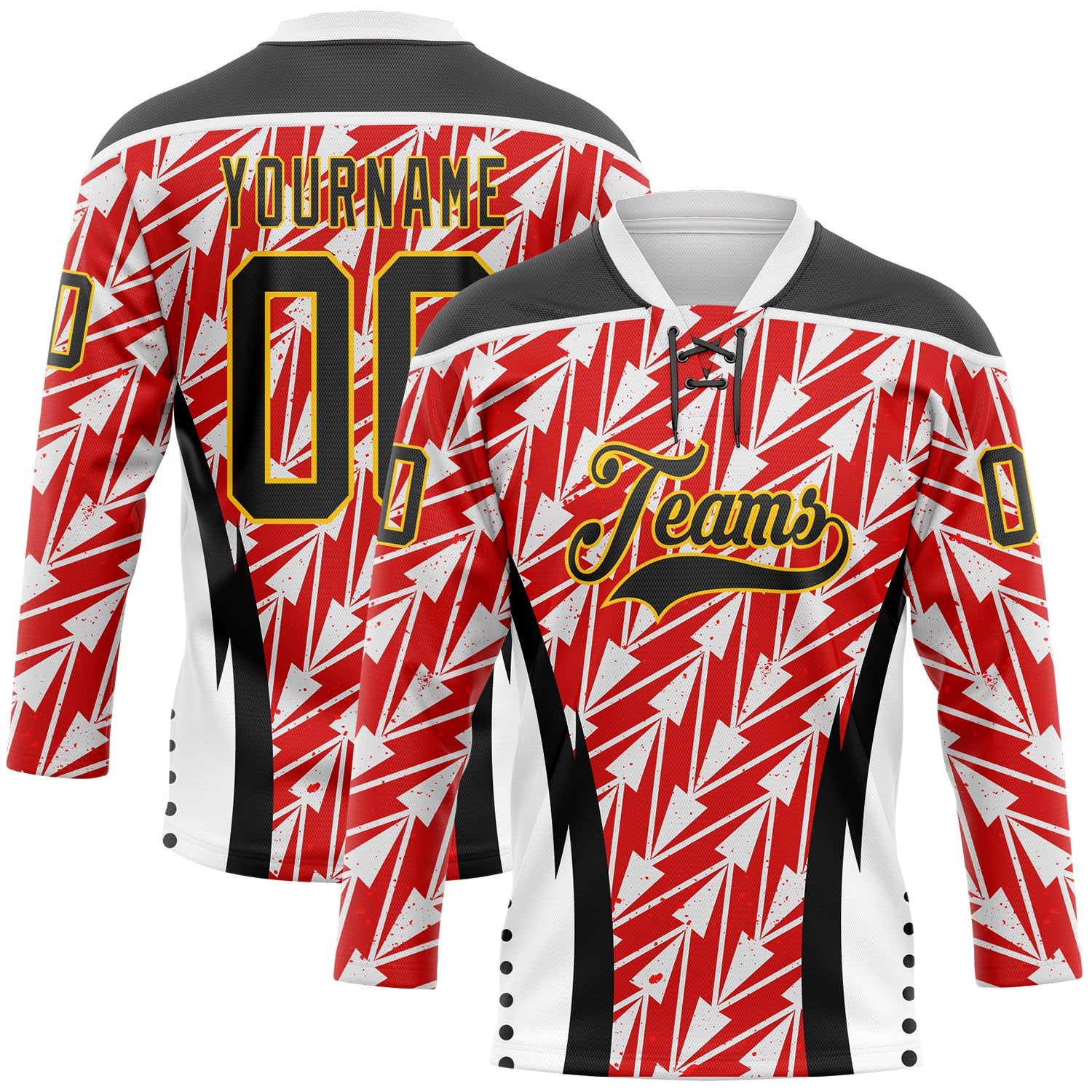 Custom White Black Red Yellow-White Abstract Pattern Graphic Cyber Mecha E-sport Hockey Lace Neck Jersey - Main View