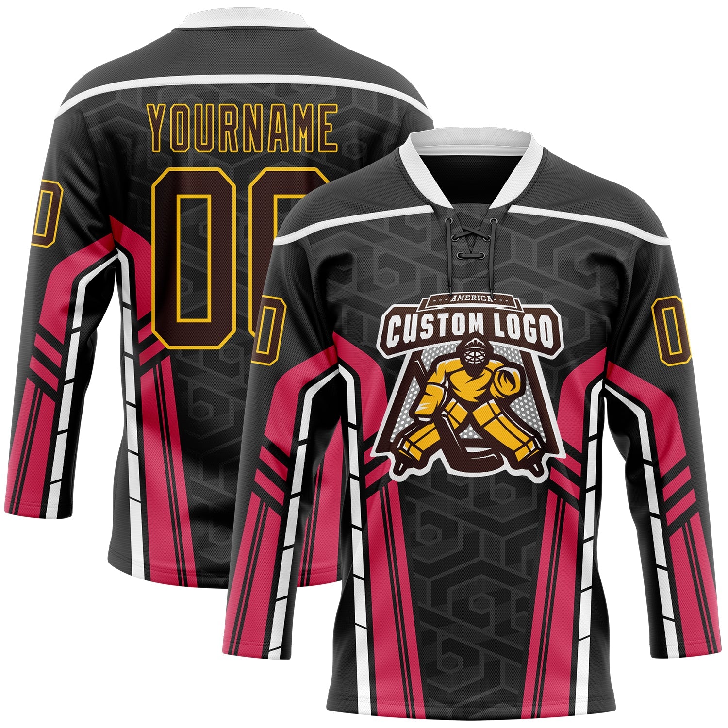 Custom Black Brown Pink Yellow-White Abstract Pattern Graphic Cyber Mecha E-sport Hockey Lace Neck Jersey view 2