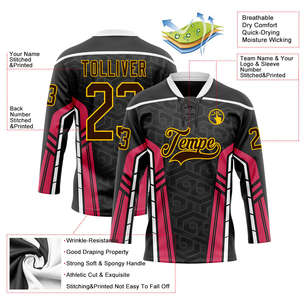 Custom Black Brown Pink Yellow-White Abstract Pattern Graphic Cyber Mecha E-sport Hockey Lace Neck Jersey view 5