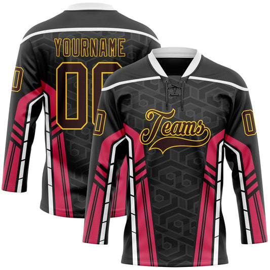 Custom Black Brown Pink Yellow-White Abstract Pattern Graphic Cyber Mecha E-sport Hockey Lace Neck Jersey - Main View