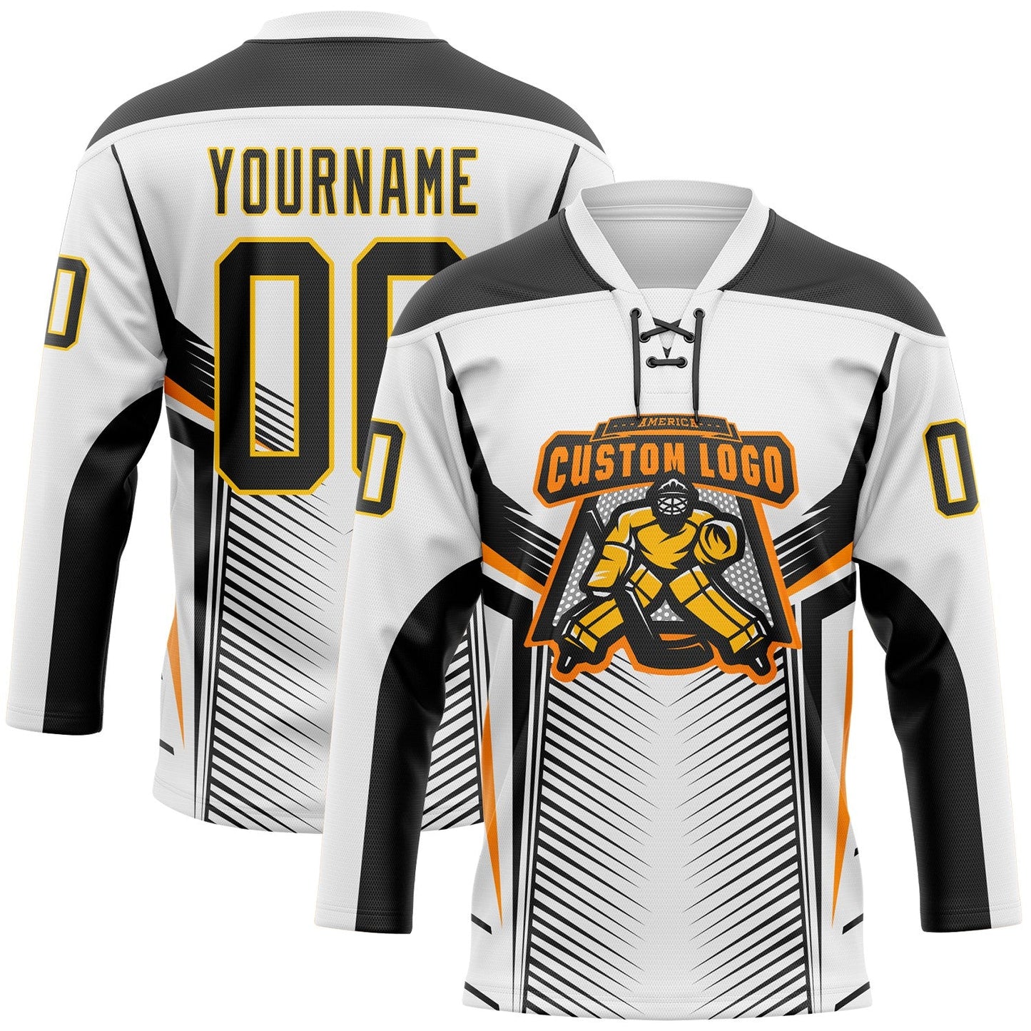 Custom White Black Yellow-Orange Abstract Pattern Graphic Cyber Mecha E-sport Hockey Lace Neck Jersey view 2