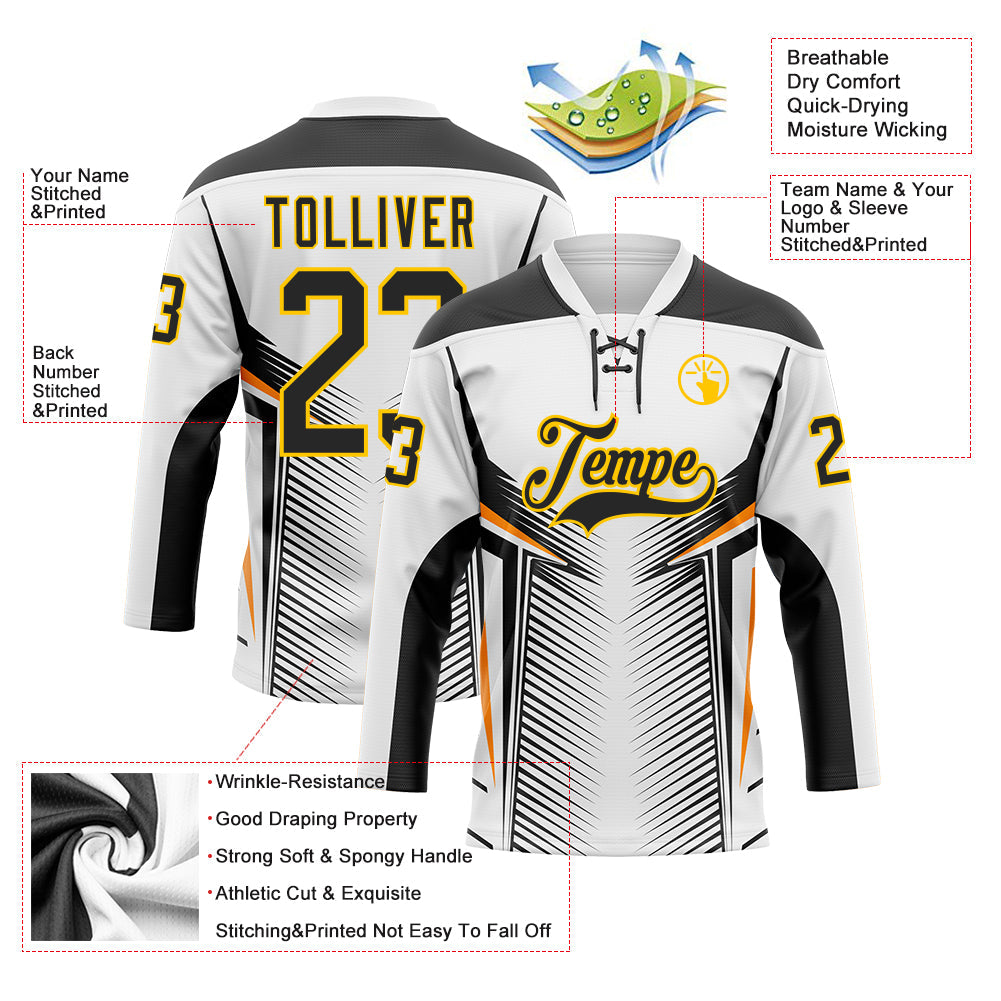 Custom White Black Yellow-Orange Abstract Pattern Graphic Cyber Mecha E-sport Hockey Lace Neck Jersey view 5