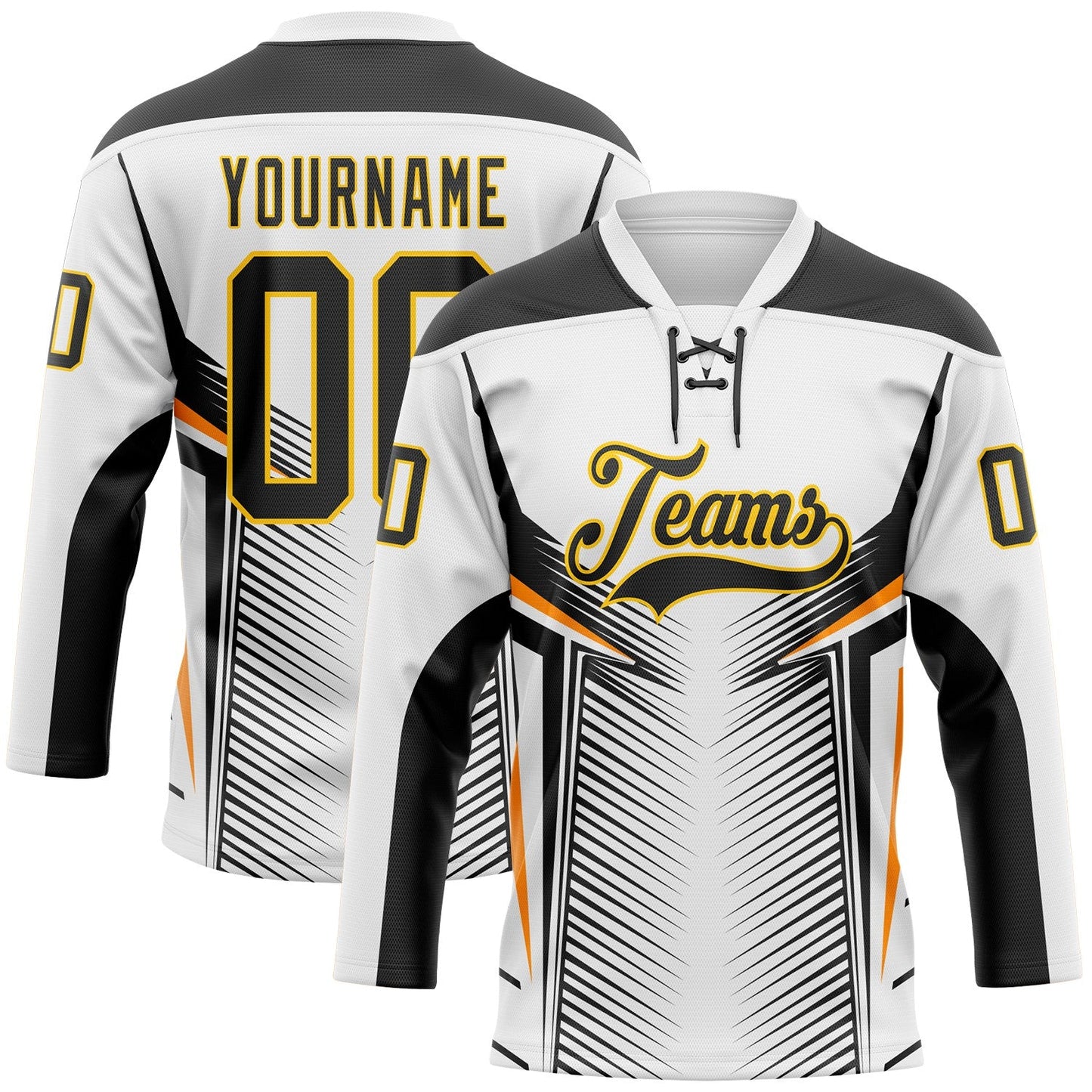 Custom White Black Yellow-Orange Abstract Pattern Graphic Cyber Mecha E-sport Hockey Lace Neck Jersey - Main View
