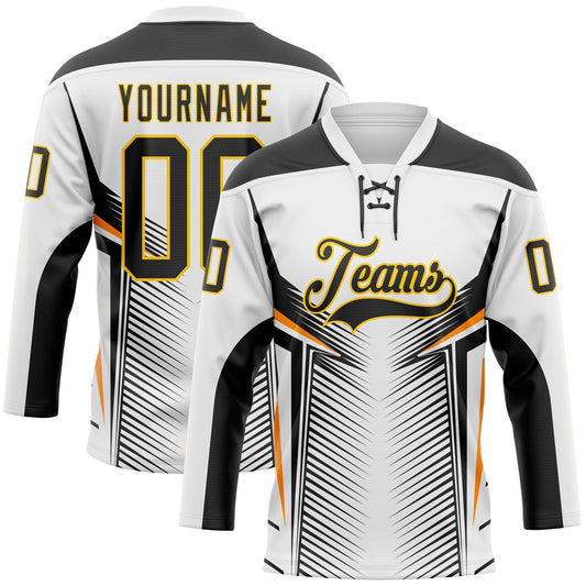 Custom White Black Yellow-Orange Abstract Pattern Graphic Cyber Mecha E-sport Hockey Lace Neck Jersey - Main View