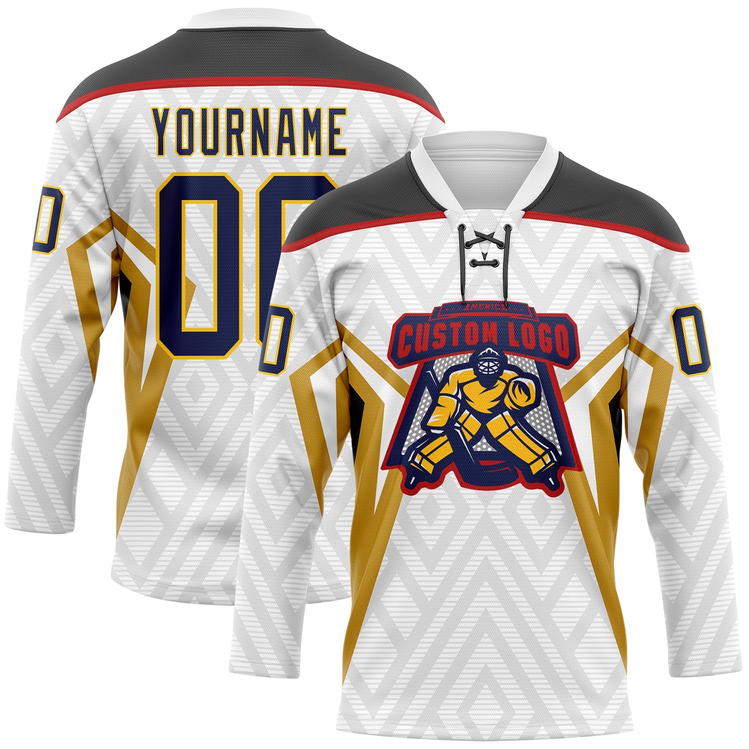 Custom White Navy Old Gold Yellow Black-Red Abstract Pattern Graphic Cyber Mecha E-sport Hockey Lace Neck Jersey view 2
