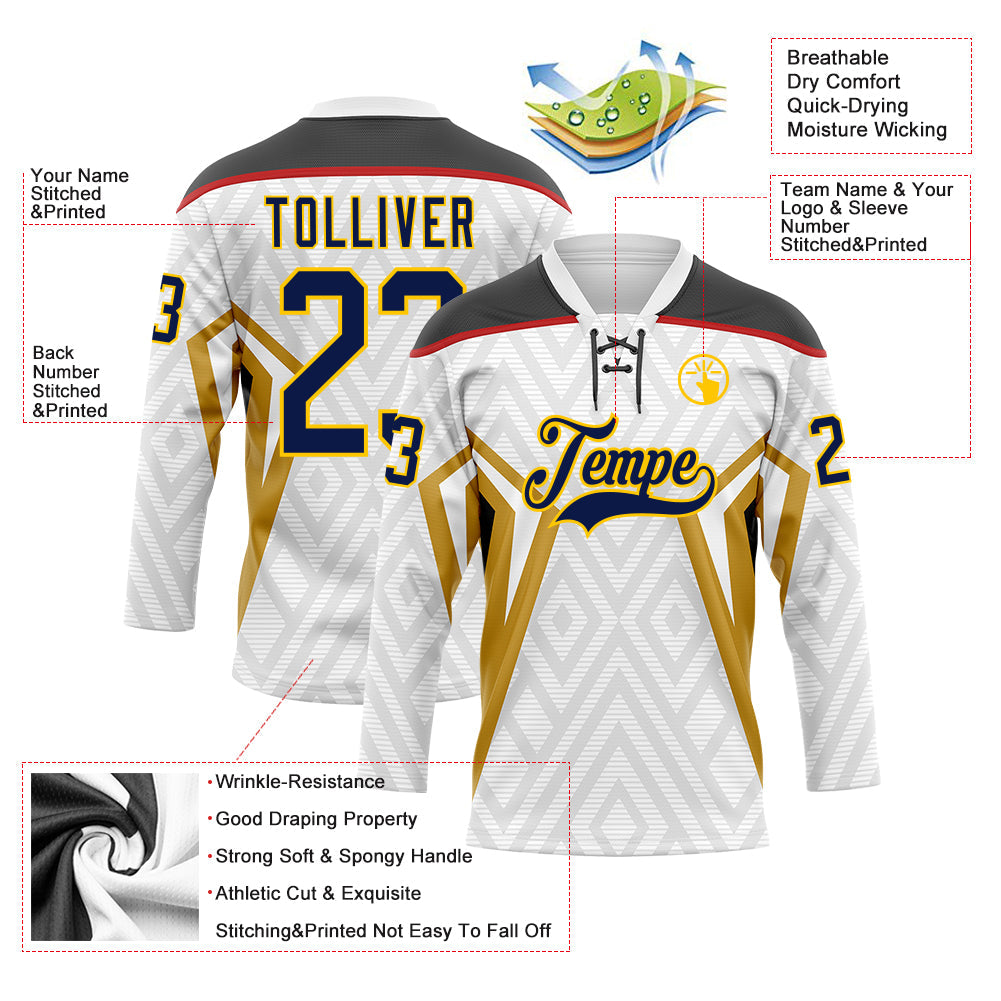 Custom White Navy Old Gold Yellow Black-Red Abstract Pattern Graphic Cyber Mecha E-sport Hockey Lace Neck Jersey view 5