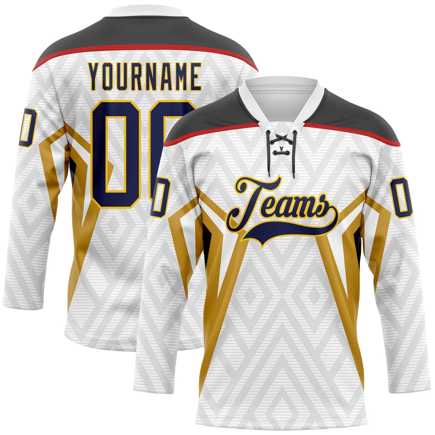 Custom White Navy Old Gold Yellow Black-Red Abstract Pattern Graphic Cyber Mecha E-sport Hockey Lace Neck Jersey - Main View