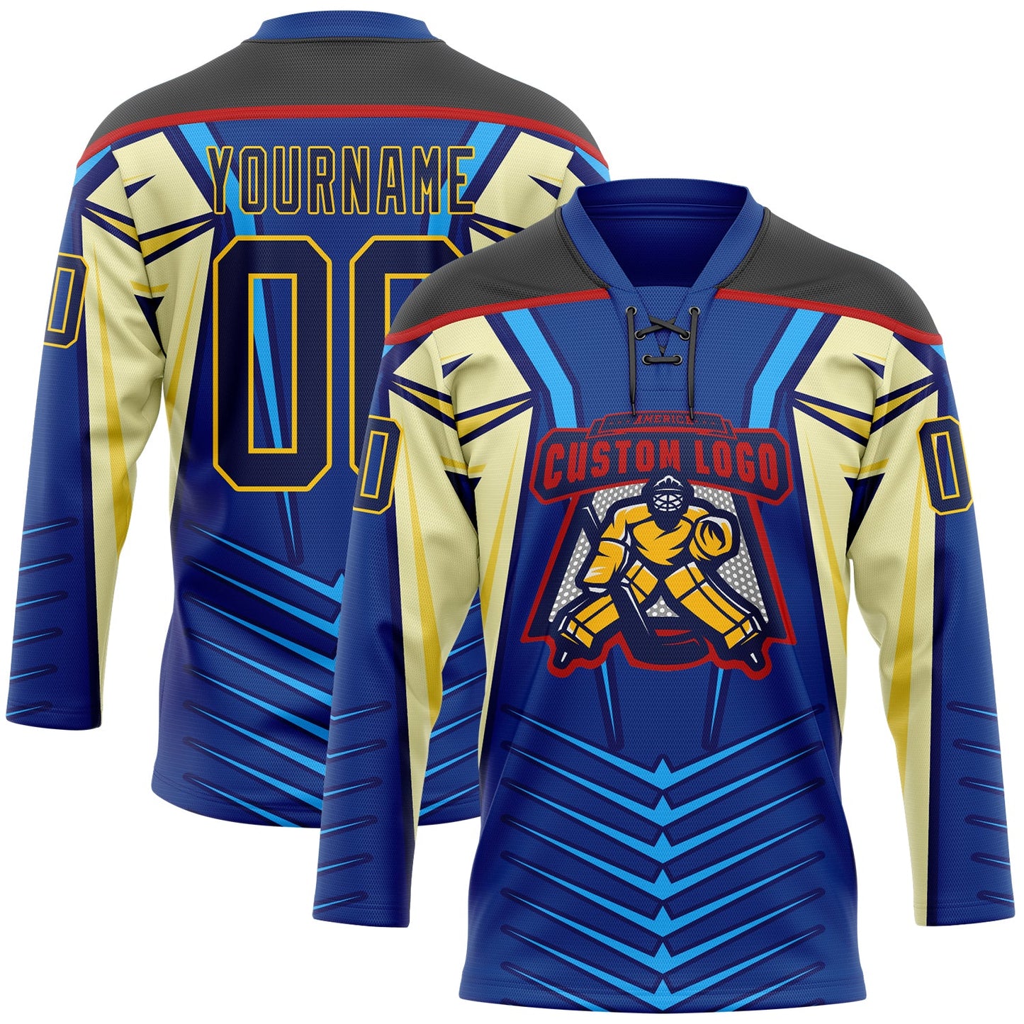 Custom Blue Navy Black Red-Yellow Abstract Pattern Graphic Cyber Mecha E-sport Hockey Lace Neck Jersey view 2