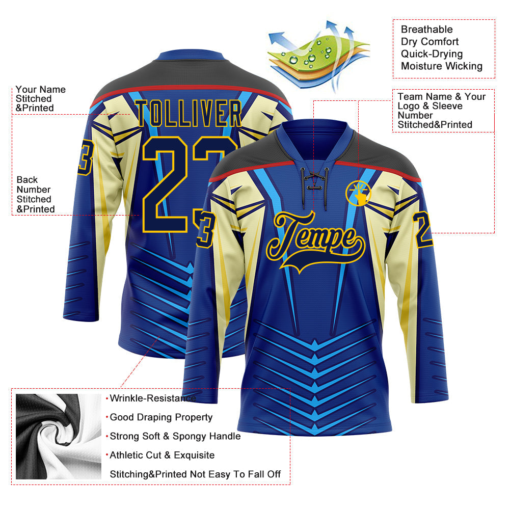 Custom Blue Navy Black Red-Yellow Abstract Pattern Graphic Cyber Mecha E-sport Hockey Lace Neck Jersey view 5