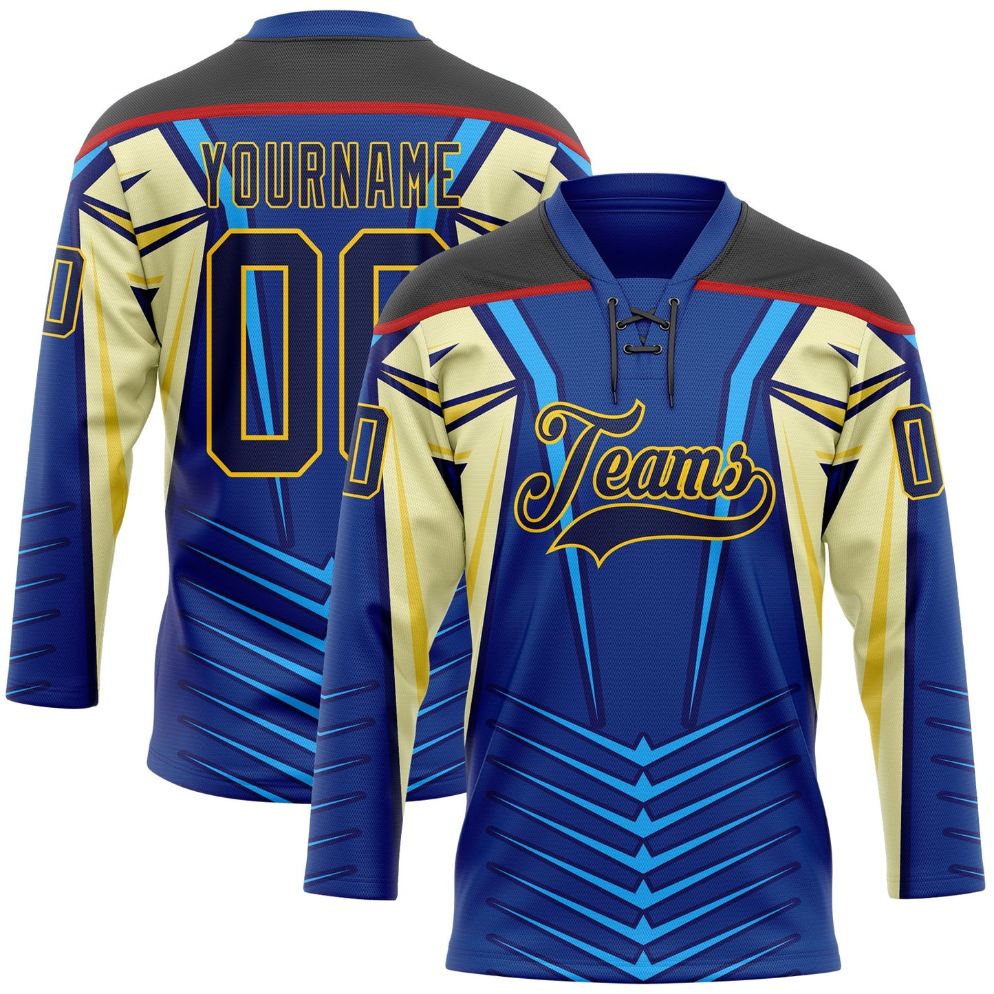 Custom Blue Navy Black Red-Yellow Abstract Pattern Graphic Cyber Mecha E-sport Hockey Lace Neck Jersey - Main View