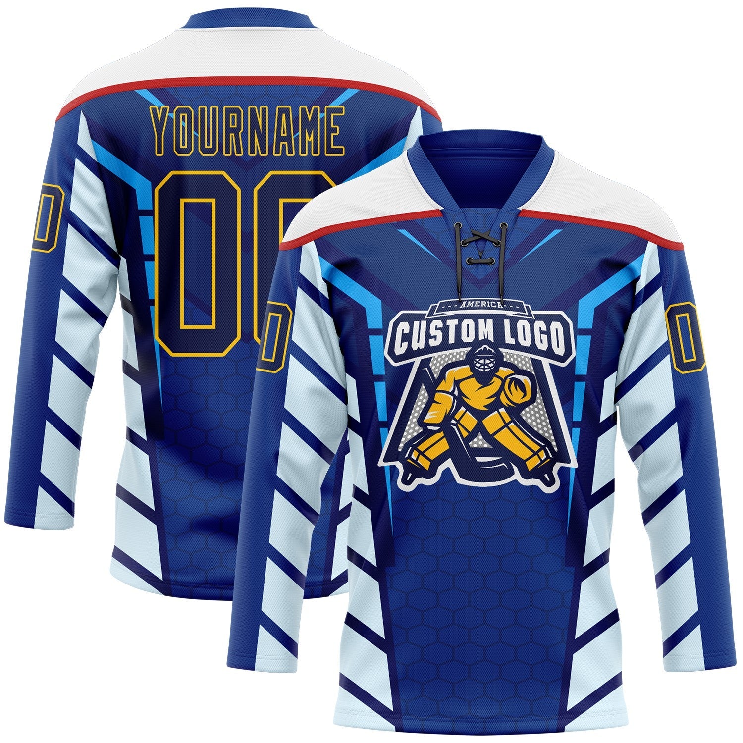 Custom Blue Navy Yellow Red-White Abstract Pattern Graphic Cyber Mecha E-sport Hockey Lace Neck Jersey view 2