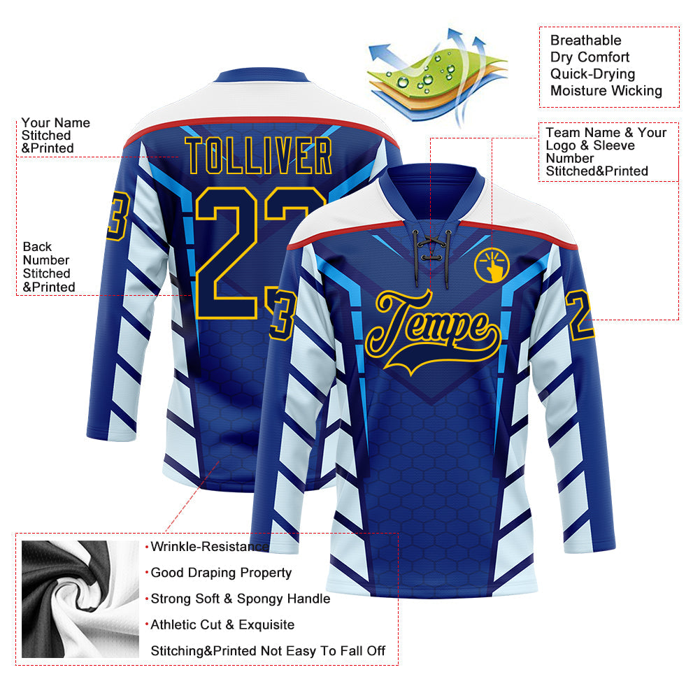 Custom Blue Navy Yellow Red-White Abstract Pattern Graphic Cyber Mecha E-sport Hockey Lace Neck Jersey view 5