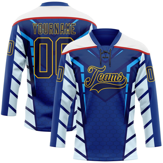 Custom Blue Navy Yellow Red-White Abstract Pattern Graphic Cyber Mecha E-sport Hockey Lace Neck Jersey - Main View