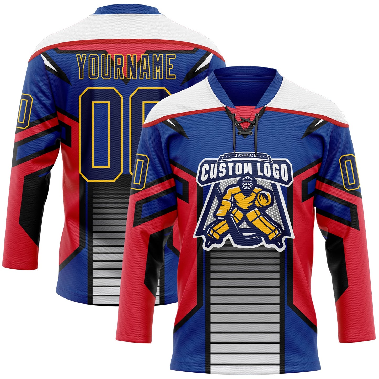 Custom Blue Navy Red Black Yellow-White Abstract Pattern Graphic Cyber Mecha E-sport Hockey Lace Neck Jersey view 2