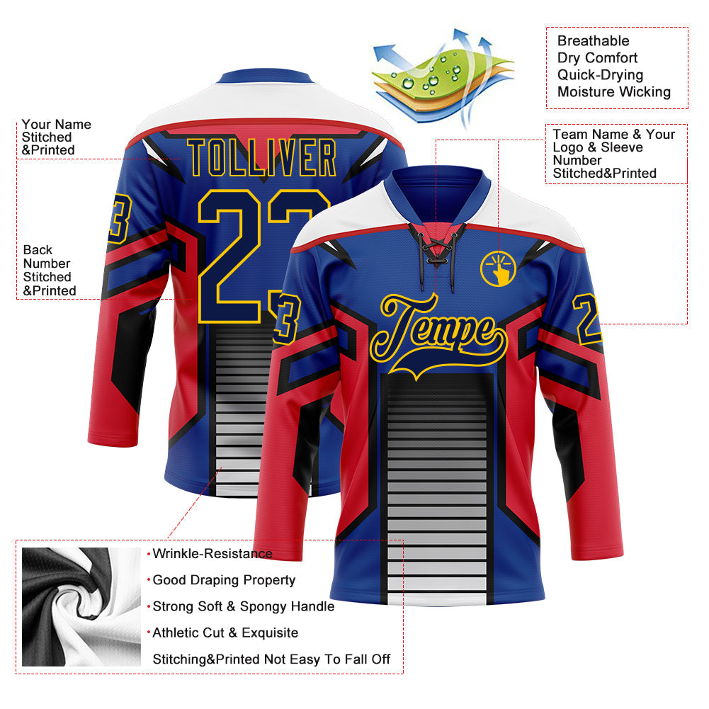 Custom Blue Navy Red Black Yellow-White Abstract Pattern Graphic Cyber Mecha E-sport Hockey Lace Neck Jersey view 5
