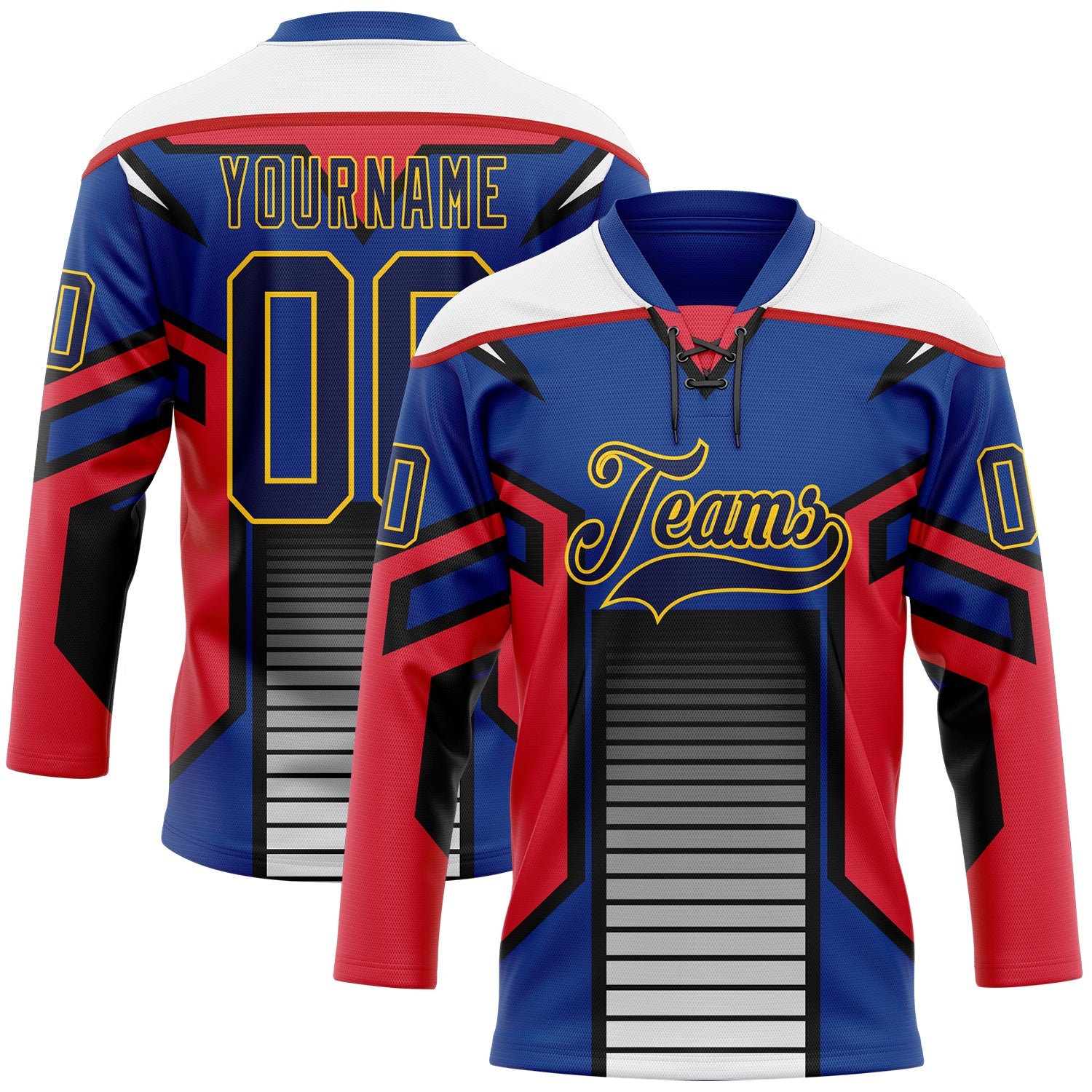 Custom Blue Navy Red Black Yellow-White Abstract Pattern Graphic Cyber Mecha E-sport Hockey Lace Neck Jersey - Main View