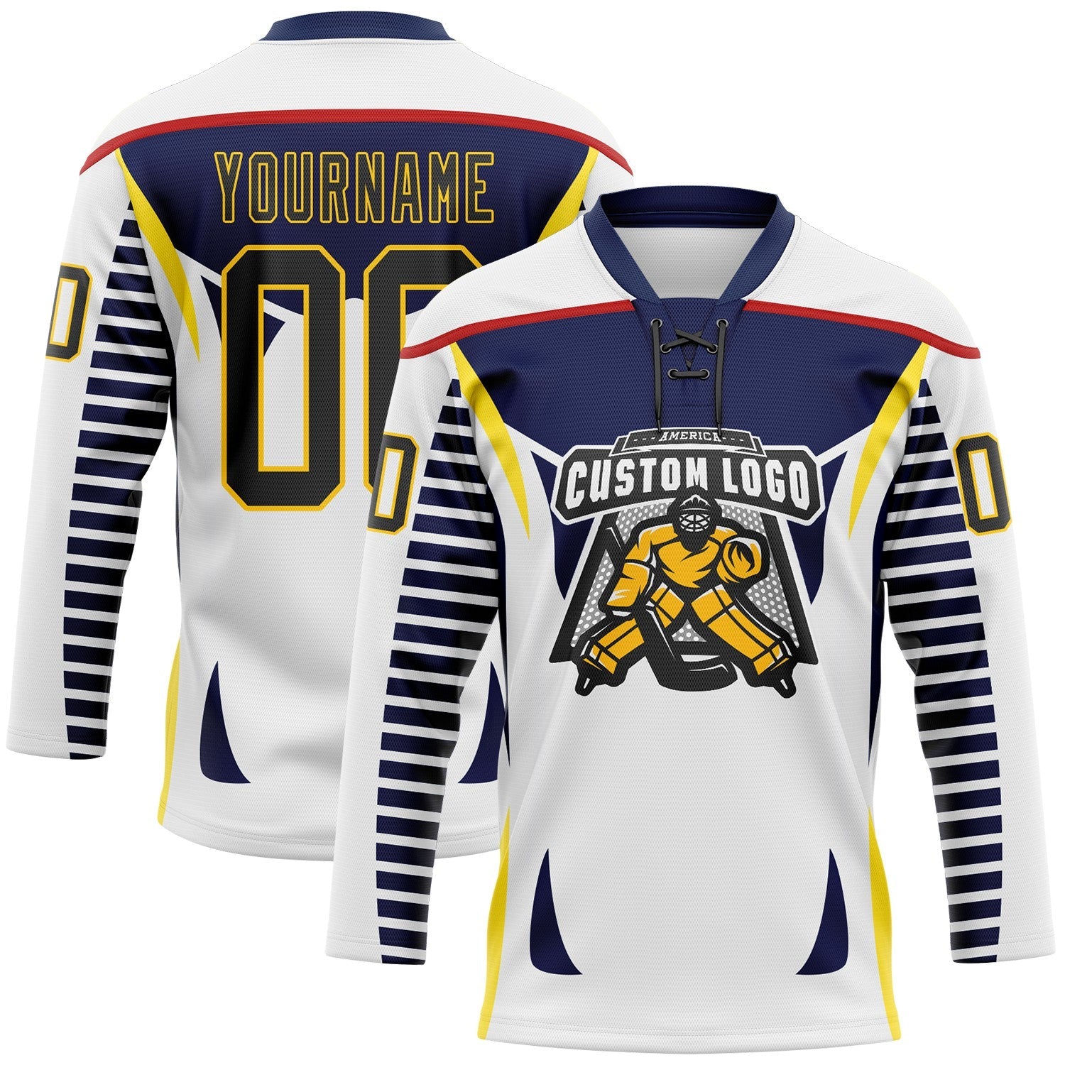 Custom White Black Navy Red-Yellow Abstract Pattern Graphic Cyber Mecha E-sport Hockey Lace Neck Jersey view 2