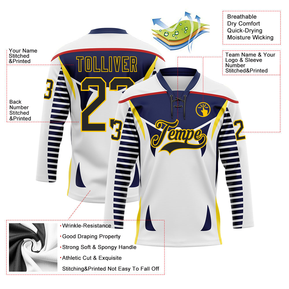 Custom White Black Navy Red-Yellow Abstract Pattern Graphic Cyber Mecha E-sport Hockey Lace Neck Jersey view 5