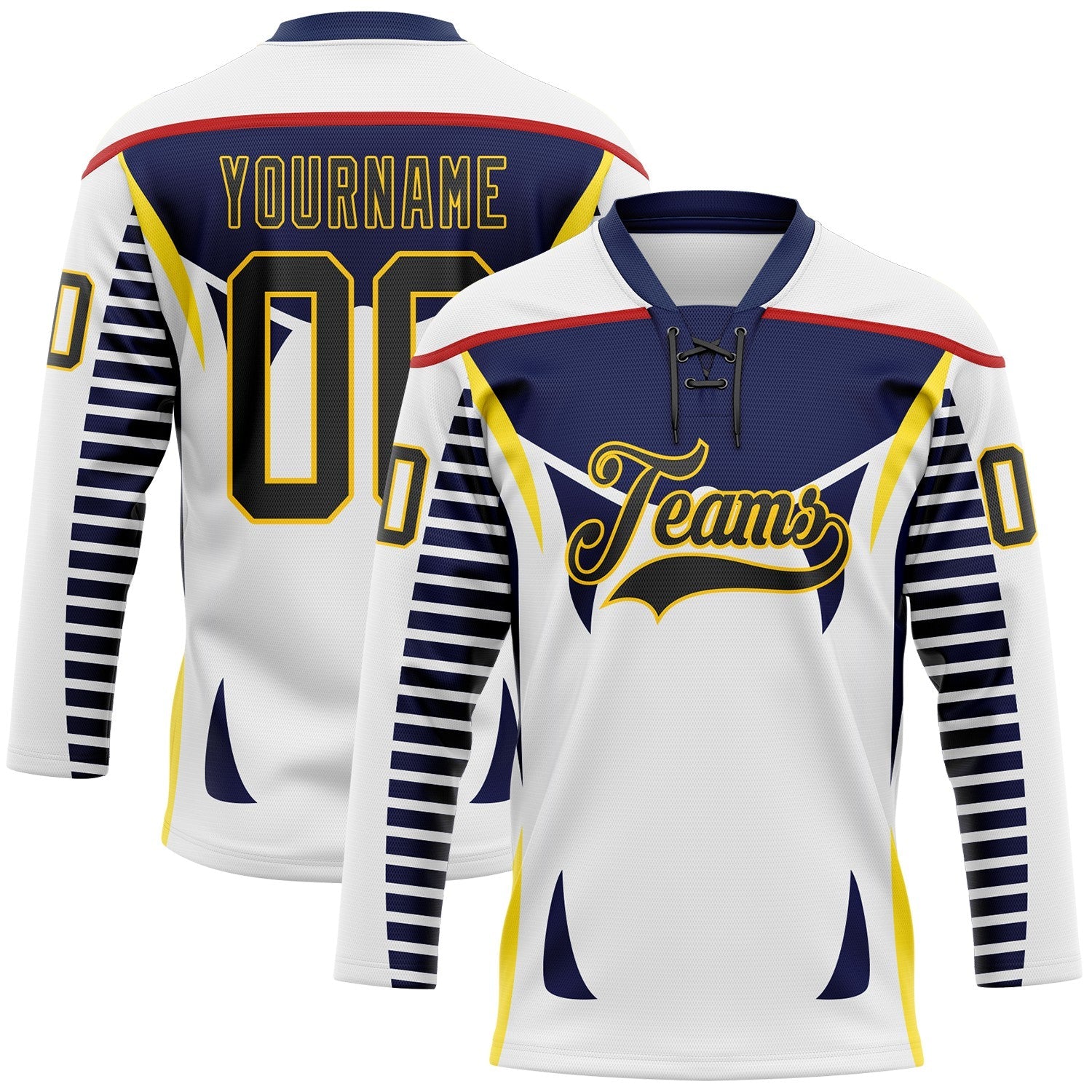 Custom White Black Navy Red-Yellow Abstract Pattern Graphic Cyber Mecha E-sport Hockey Lace Neck Jersey - Main View