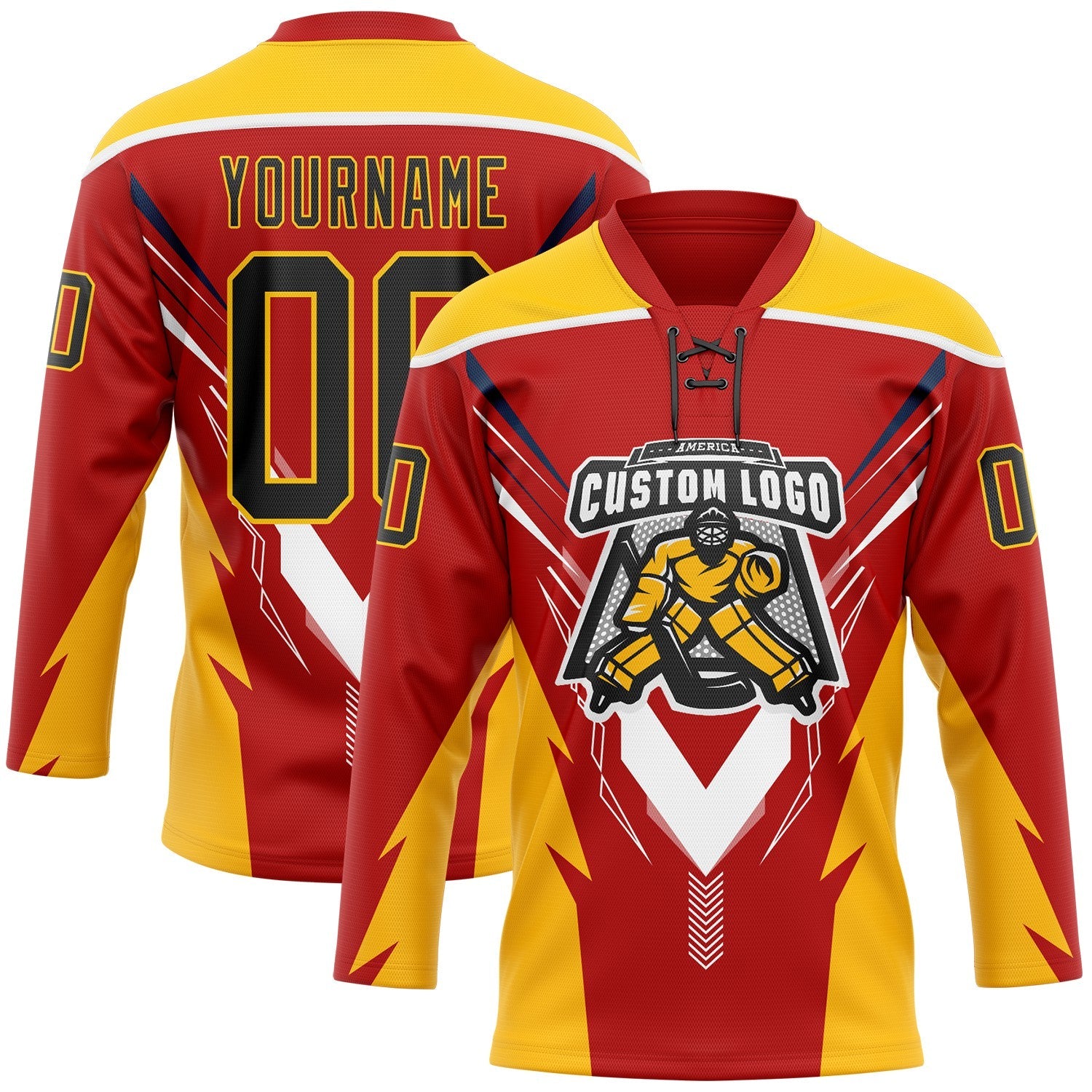 Custom Red Black Yellow-White Abstract Pattern Graphic Cyber Mecha E-sport Hockey Lace Neck Jersey view 2