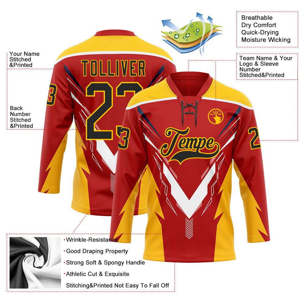 Custom Red Black Yellow-White Abstract Pattern Graphic Cyber Mecha E-sport Hockey Lace Neck Jersey view 5