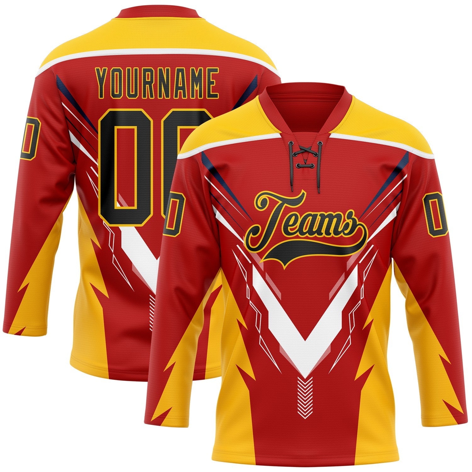 Custom Red Black Yellow-White Abstract Pattern Graphic Cyber Mecha E-sport Hockey Lace Neck Jersey - Main View