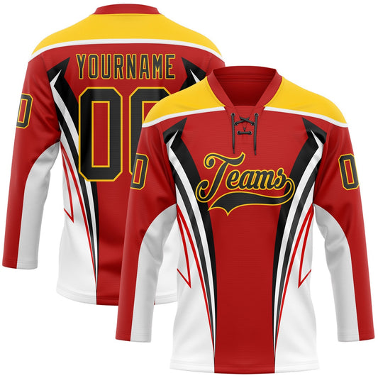 Custom Red Black Yellow-White Abstract Pattern Graphic Cyber Mecha E-sport Hockey Lace Neck Jersey - Main View