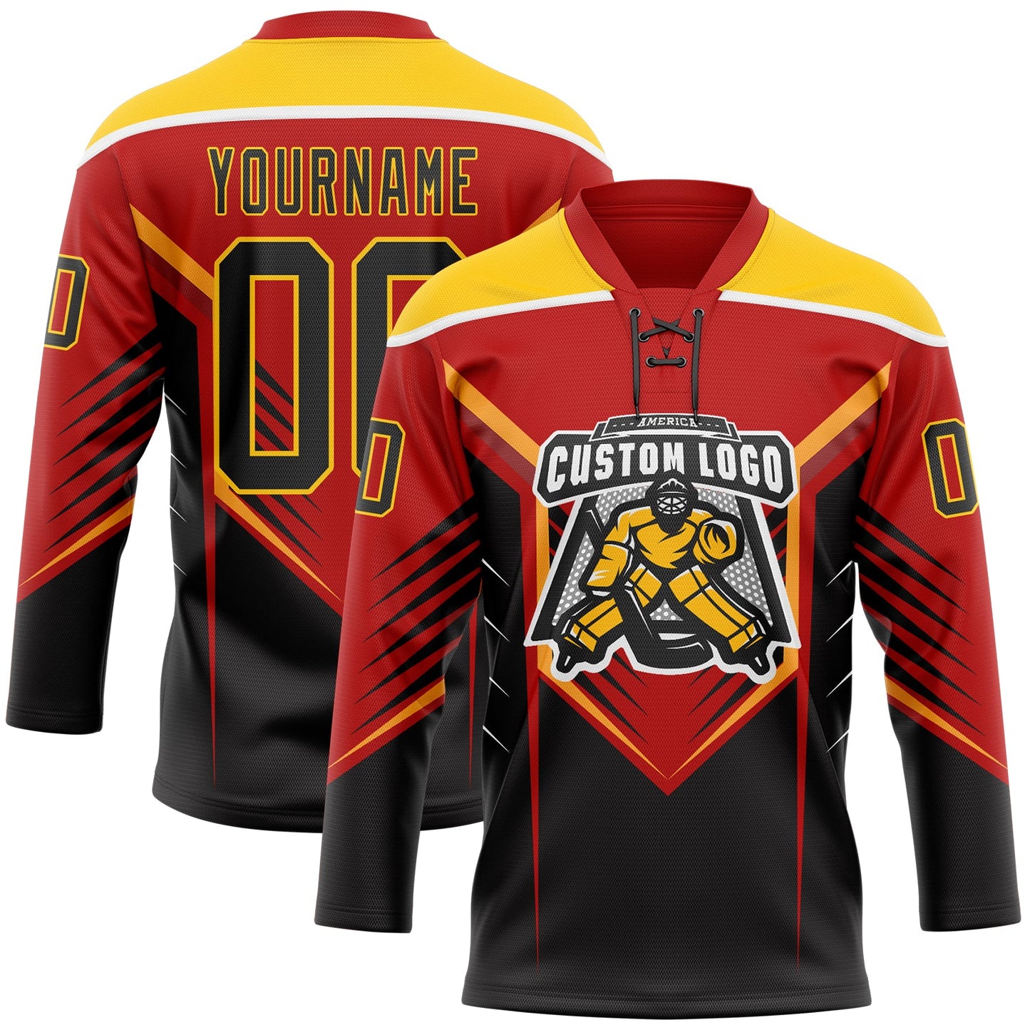 Custom Red Black Yellow-White Abstract Pattern Graphic Cyber Mecha E-sport Hockey Lace Neck Jersey view 2