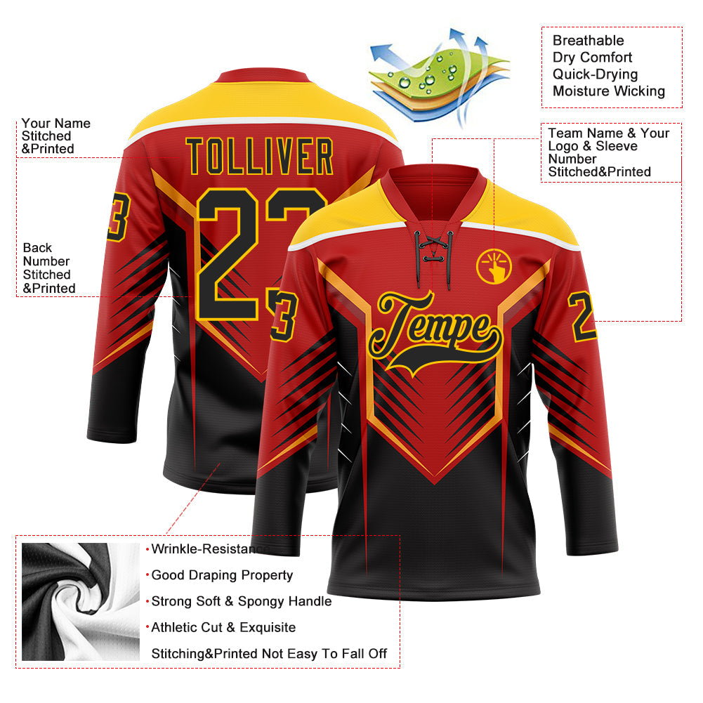 Custom Red Black Yellow-White Abstract Pattern Graphic Cyber Mecha E-sport Hockey Lace Neck Jersey view 5