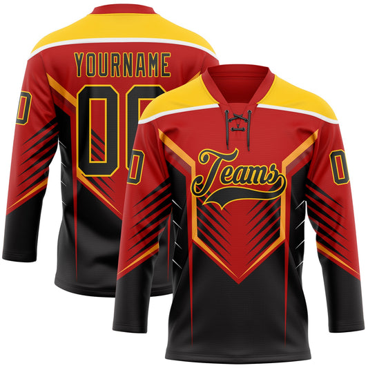Custom Red Black Yellow-White Abstract Pattern Graphic Cyber Mecha E-sport Hockey Lace Neck Jersey - Main View
