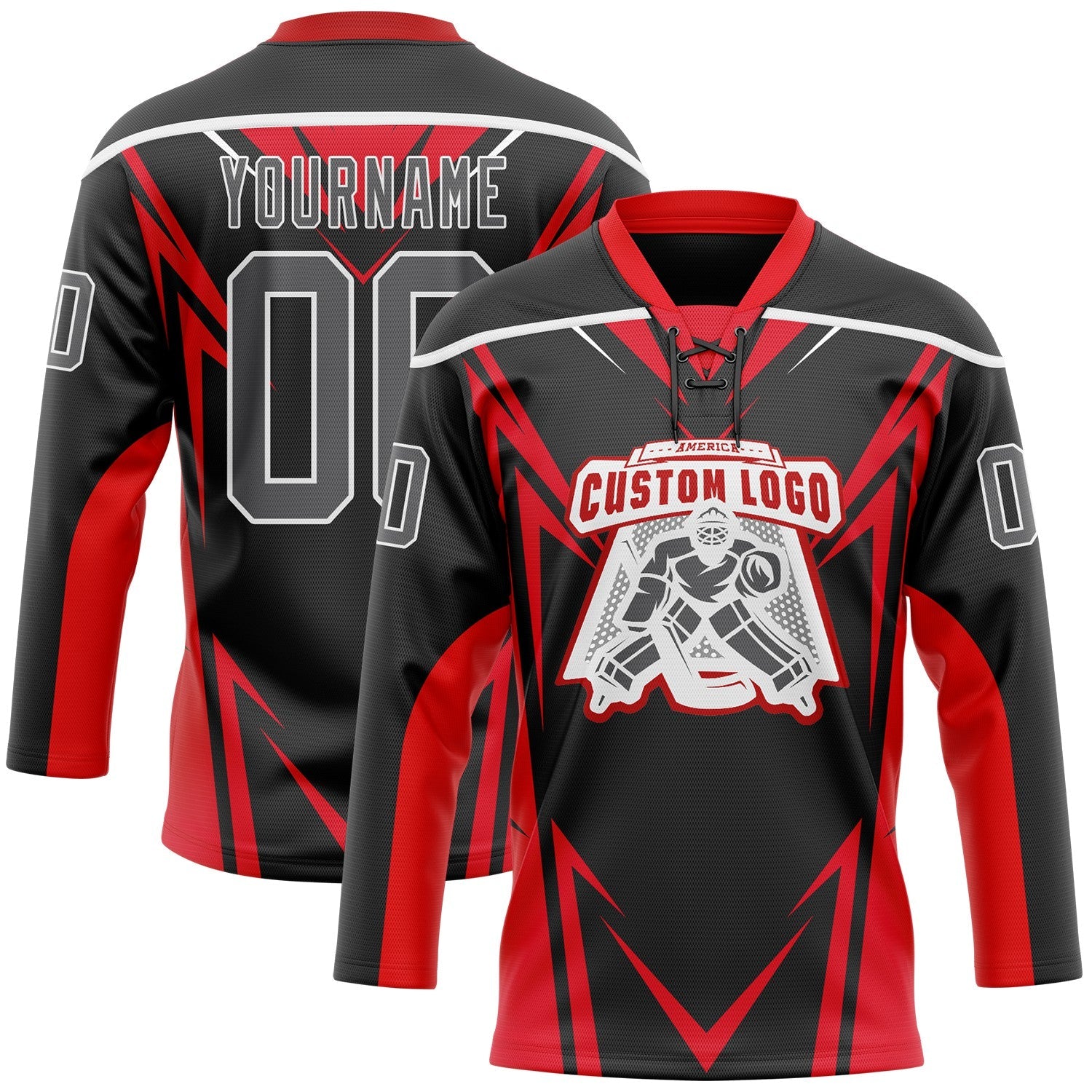 Custom Black Steel Gray Red-White Abstract Pattern Graphic Cyber Mecha E-sport Hockey Lace Neck Jersey view 2