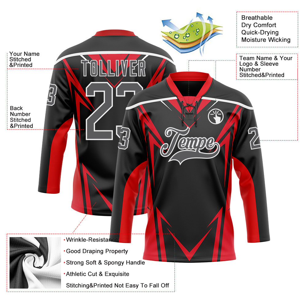 Custom Black Steel Gray Red-White Abstract Pattern Graphic Cyber Mecha E-sport Hockey Lace Neck Jersey view 5