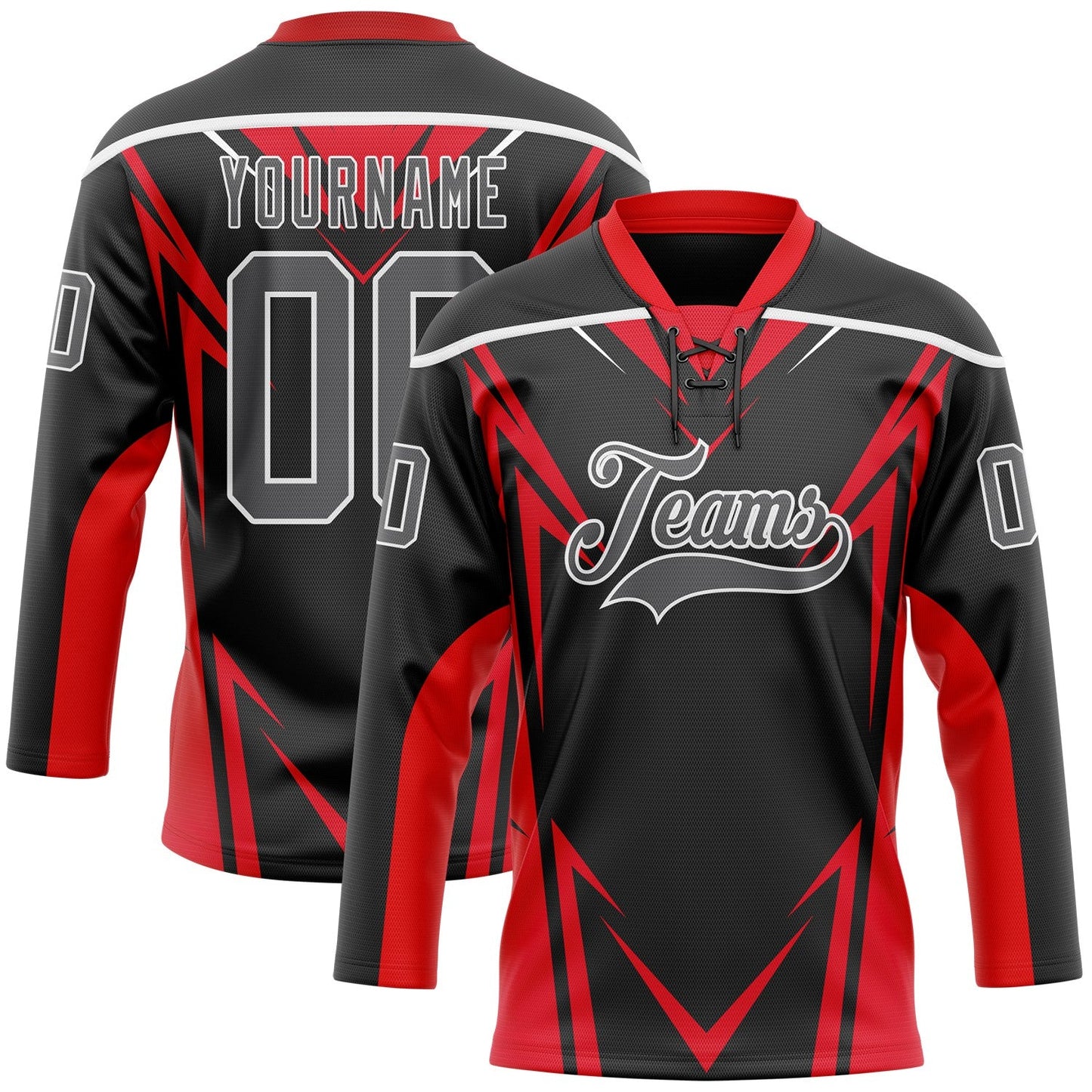 Custom Black Steel Gray Red-White Abstract Pattern Graphic Cyber Mecha E-sport Hockey Lace Neck Jersey - Main View