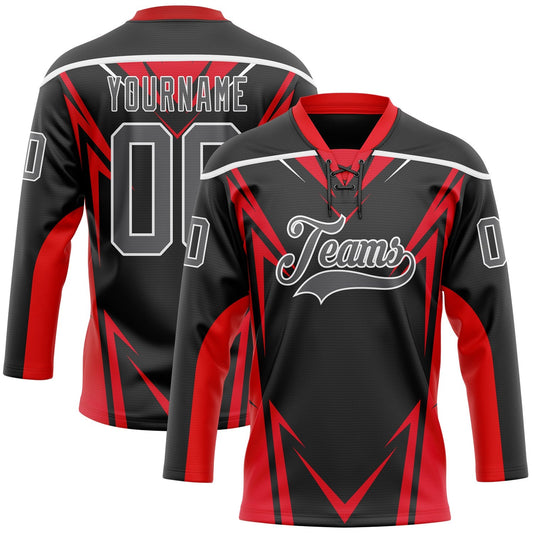 Custom Black Steel Gray Red-White Abstract Pattern Graphic Cyber Mecha E-sport Hockey Lace Neck Jersey - Main View