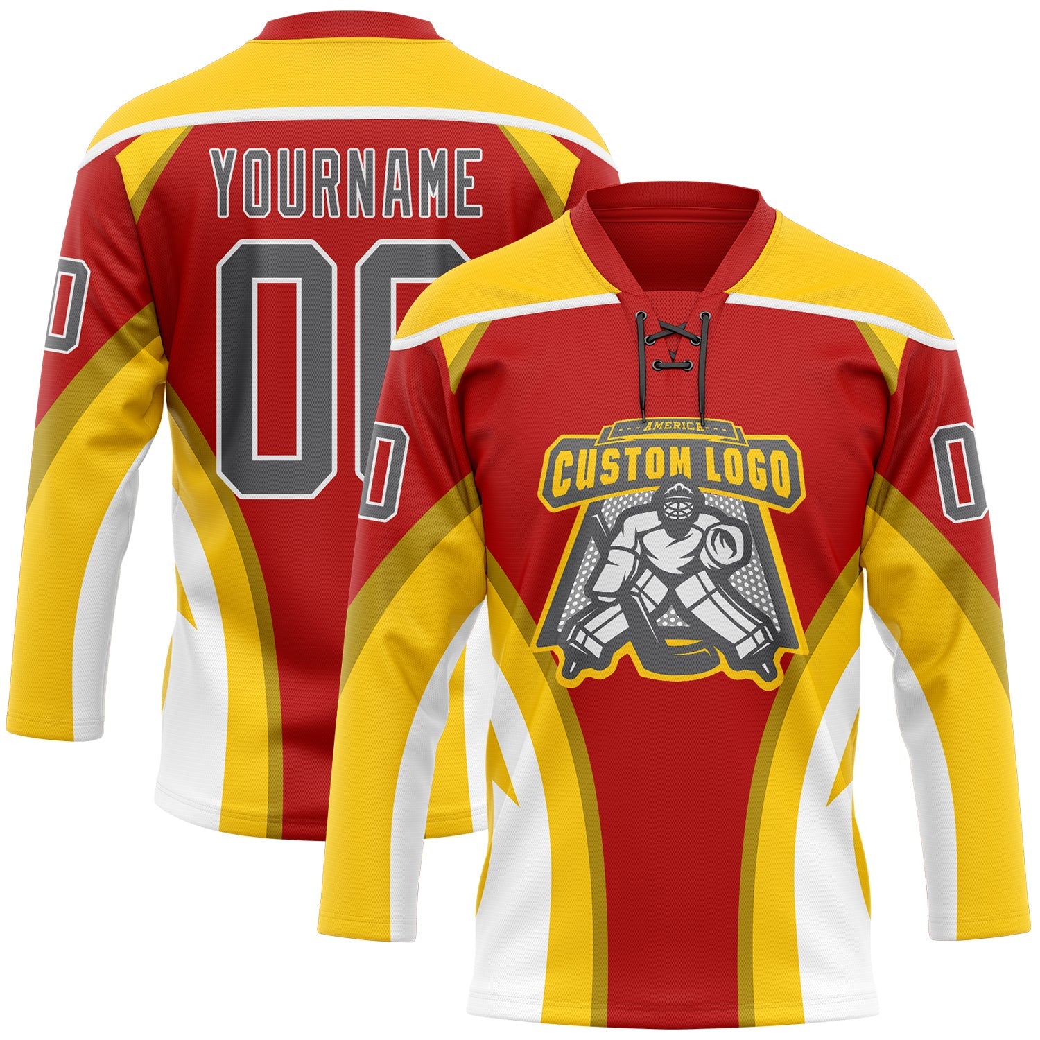 Custom Red Steel Gray Yellow-White Abstract Pattern Graphic Cyber Mecha E-sport Hockey Lace Neck Jersey view 2