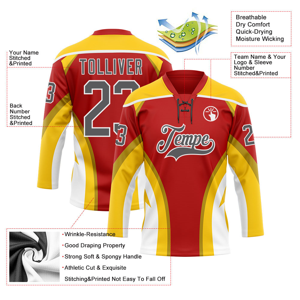 Custom Red Steel Gray Yellow-White Abstract Pattern Graphic Cyber Mecha E-sport Hockey Lace Neck Jersey view 5