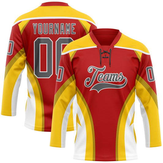 Custom Red Steel Gray Yellow-White Abstract Pattern Graphic Cyber Mecha E-sport Hockey Lace Neck Jersey - Main View