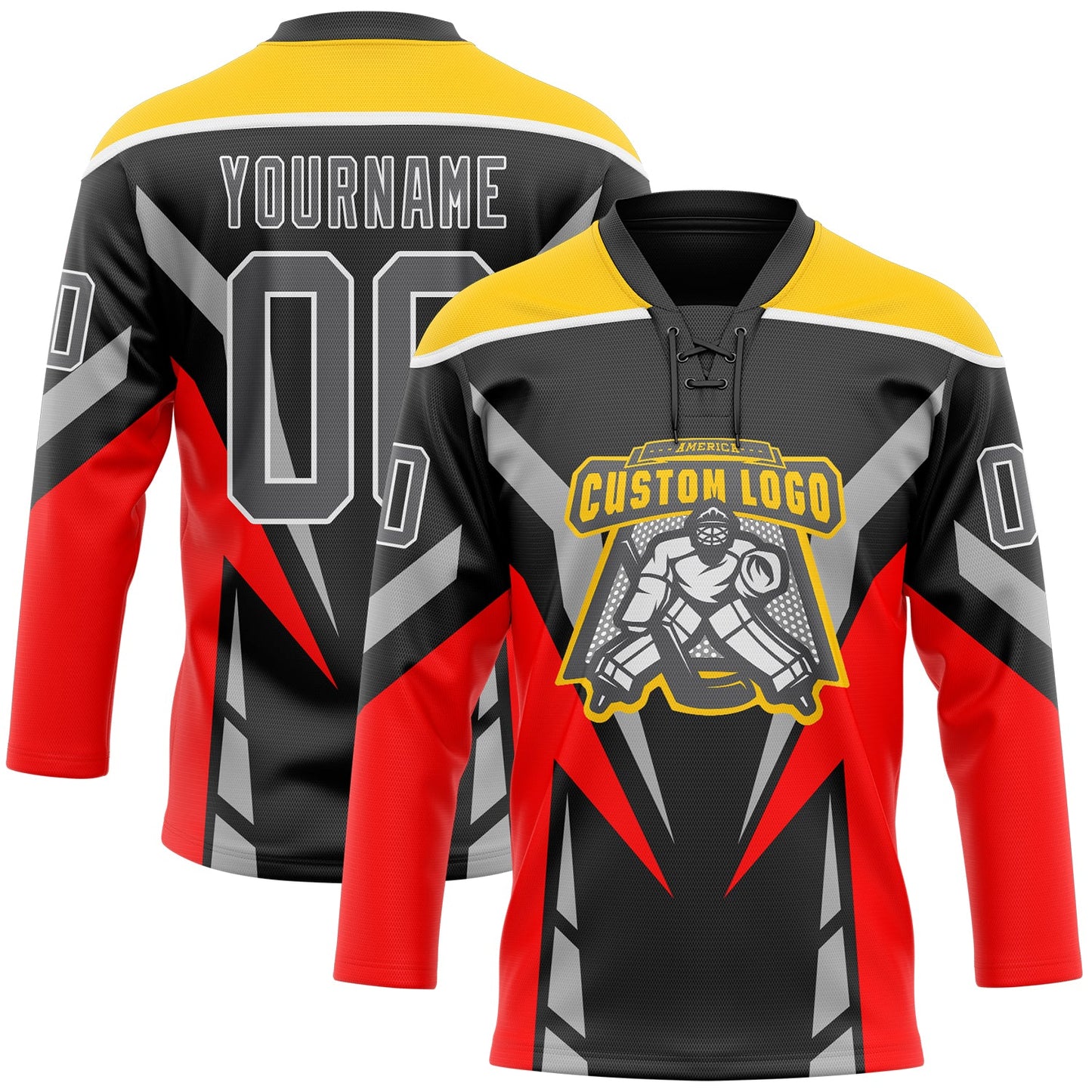 Custom Black Steel Gray Red Yellow-White Abstract Pattern Graphic Cyber Mecha E-sport Hockey Lace Neck Jersey view 2
