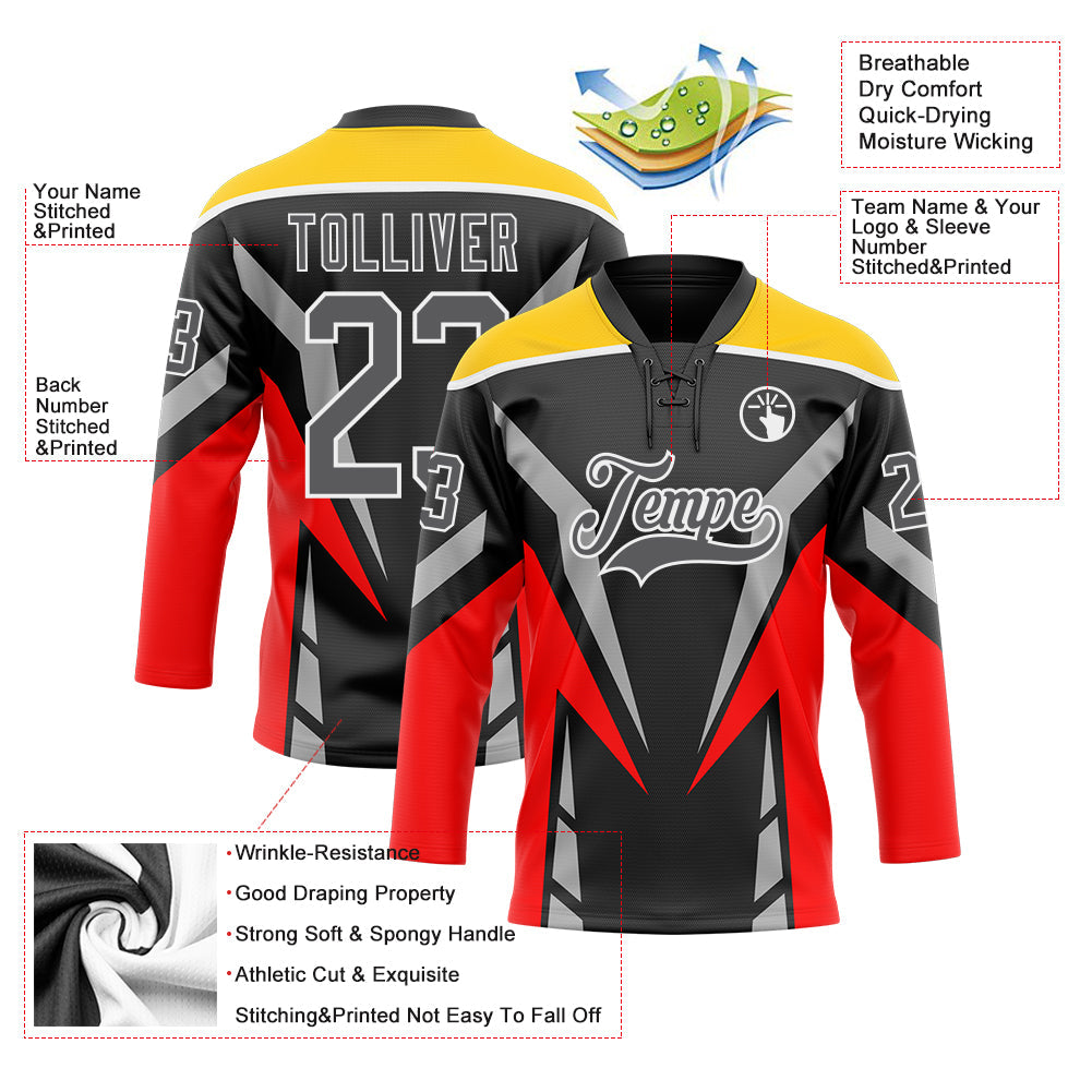 Custom Black Steel Gray Red Yellow-White Abstract Pattern Graphic Cyber Mecha E-sport Hockey Lace Neck Jersey view 5