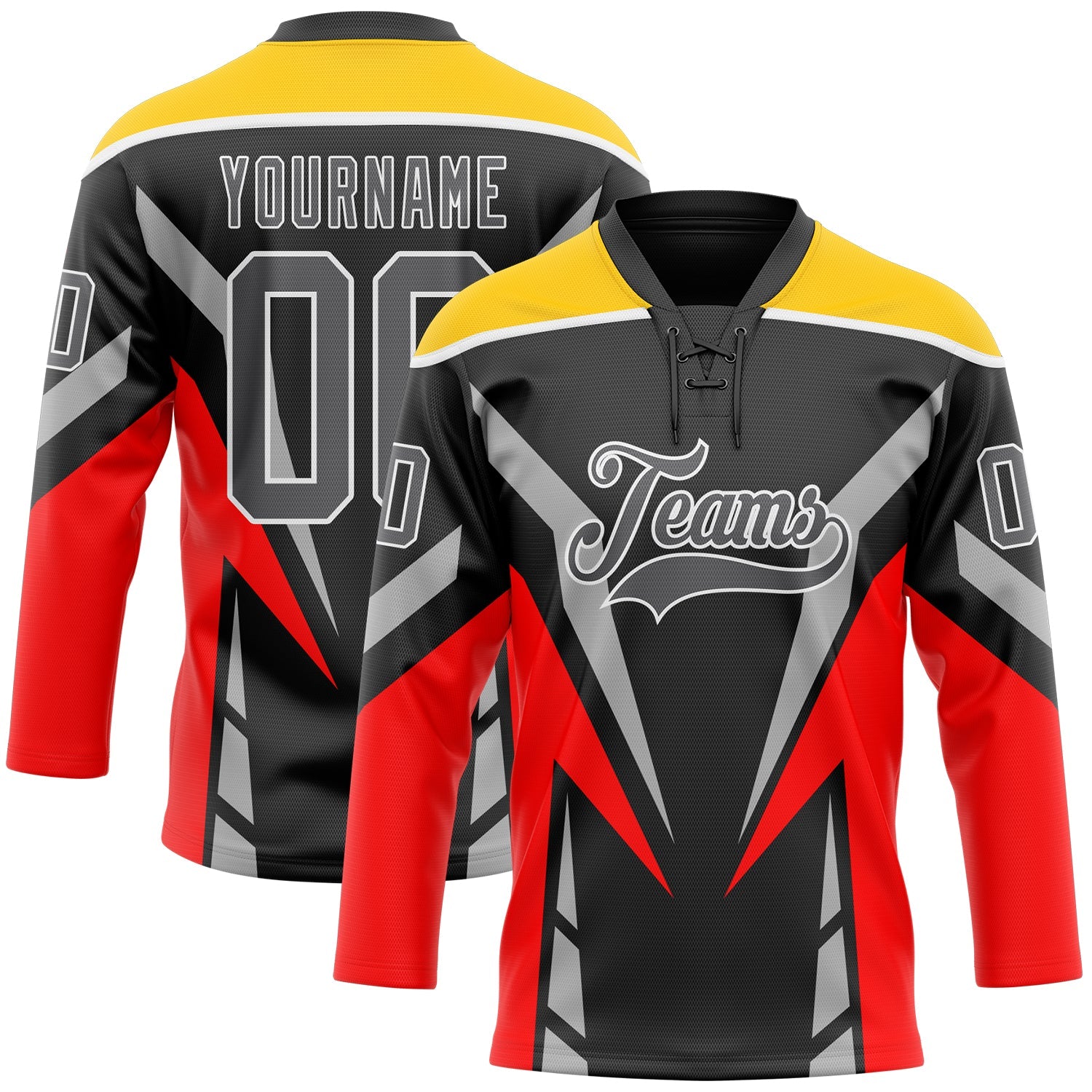Custom Black Steel Gray Red Yellow-White Abstract Pattern Graphic Cyber Mecha E-sport Hockey Lace Neck Jersey - Main View