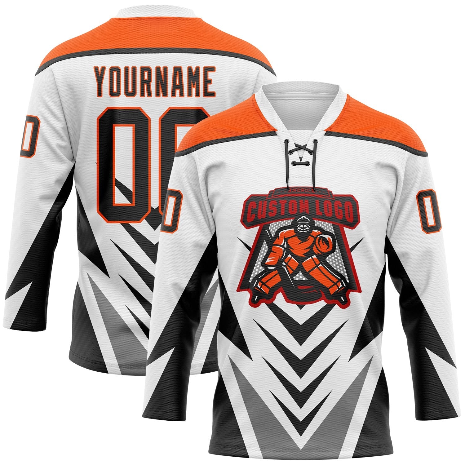 Custom White Black Gray-Orange Abstract Pattern Graphic Cyber Mecha E-sport Hockey Lace Neck Jersey view 2